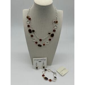 Marvella by Monet 3pc Jewelry Set NWT  Necklace Bracelet Earrings Silver Tone